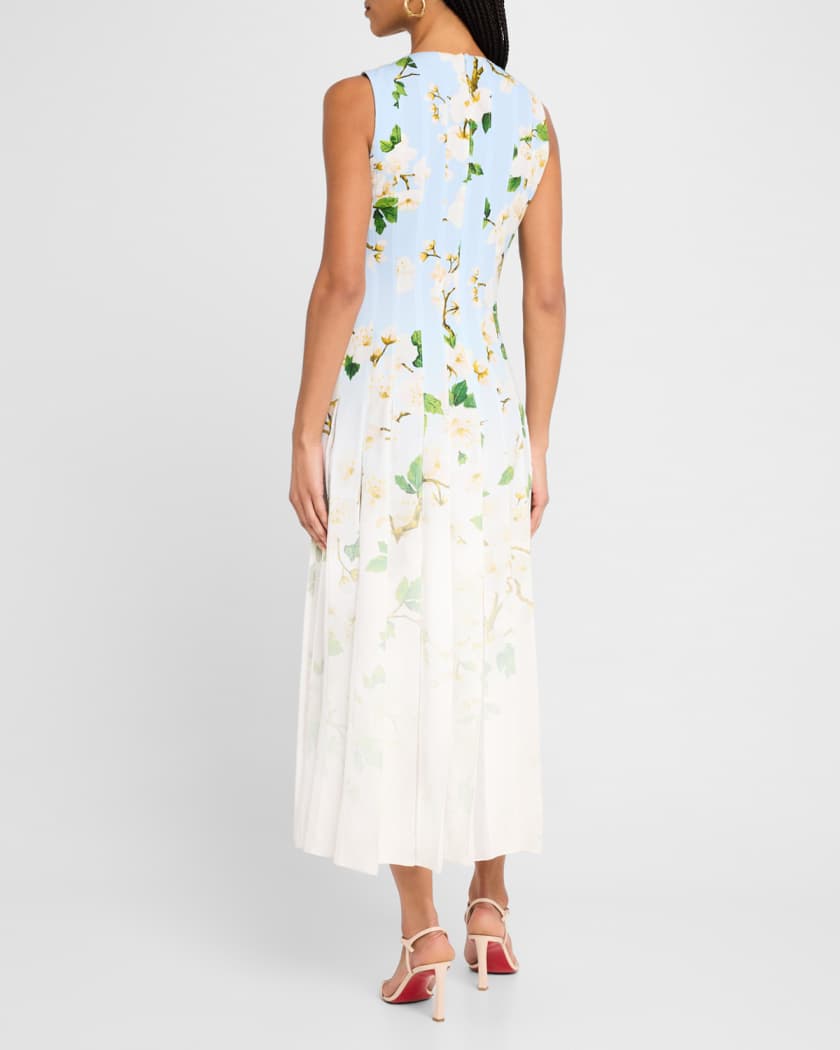 Sleeveless Cherry Blossom Pleated Cady Midi Dress