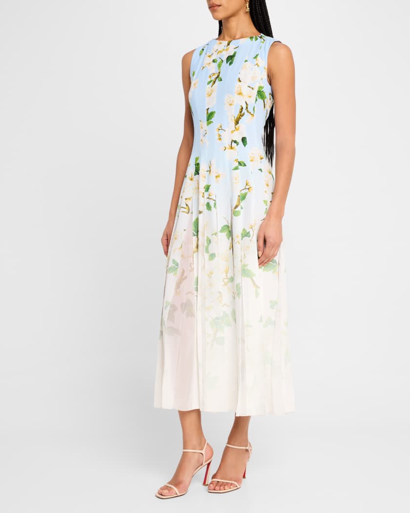 Sleeveless Cherry Blossom Pleated Cady Midi Dress