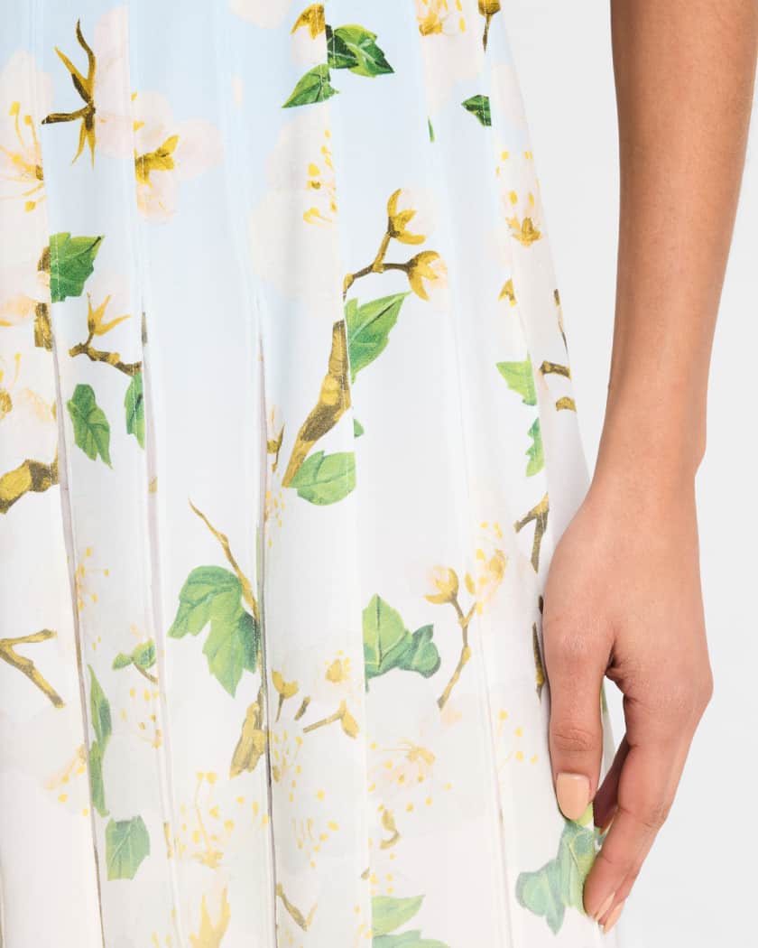 Sleeveless Cherry Blossom Pleated Cady Midi Dress