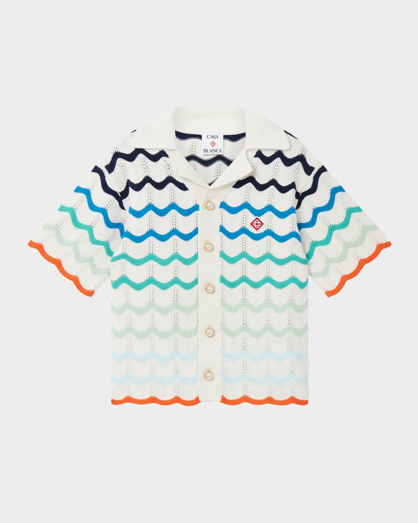 Boy's Crochet Wave Stripe Short-Sleeve Shirt, Size 3T-14