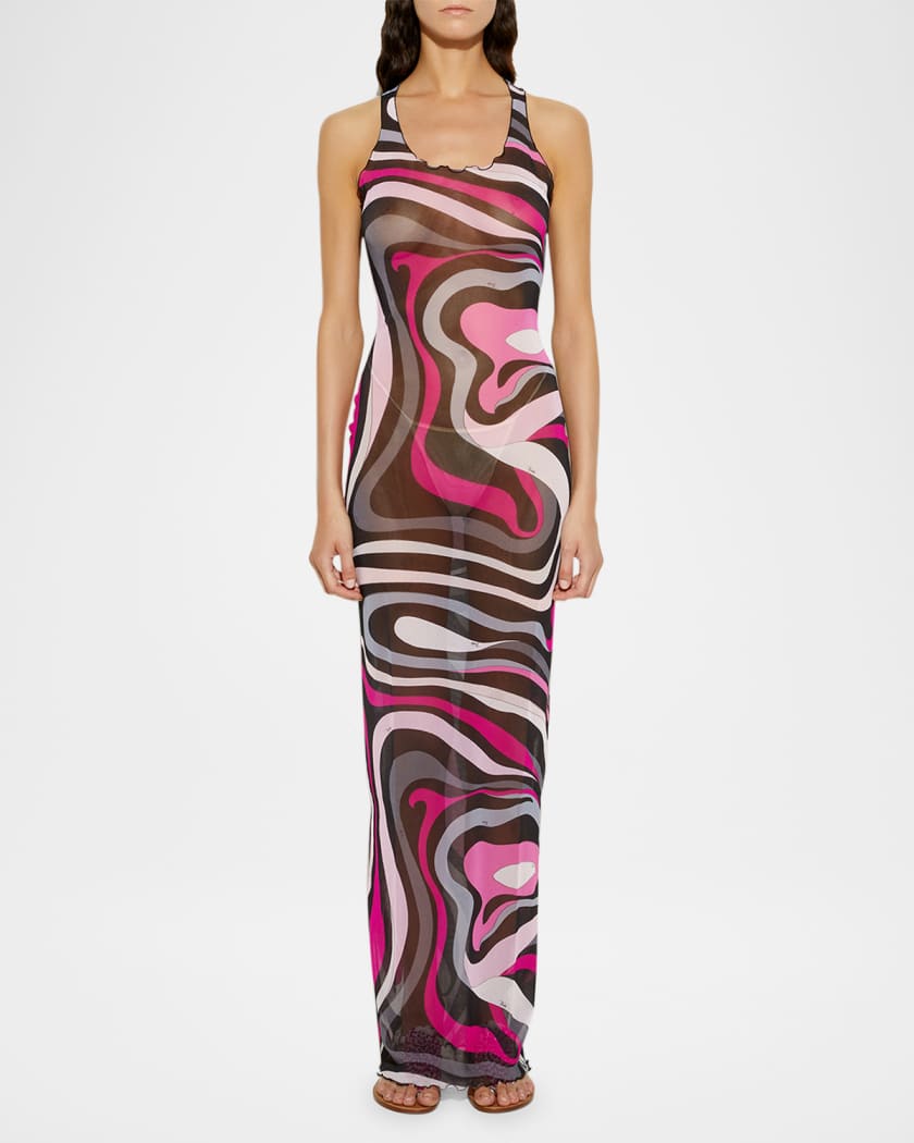 Marmo-Print Mesh Sleeveless Maxi Dress
