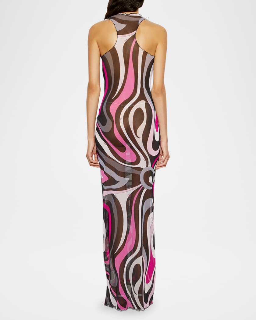 Marmo-Print Mesh Sleeveless Maxi Dress