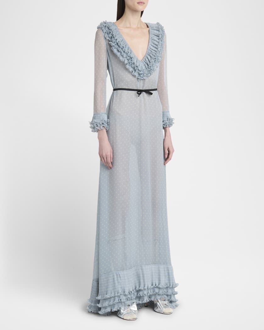 Polka Dot Layered Ruffle Sheer Gown with Ribbon