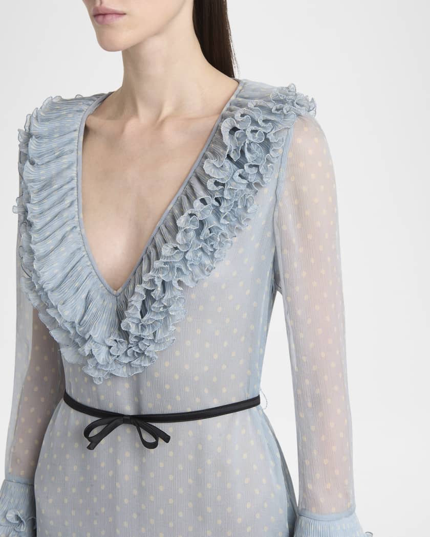 Polka Dot Layered Ruffle Sheer Gown with Ribbon