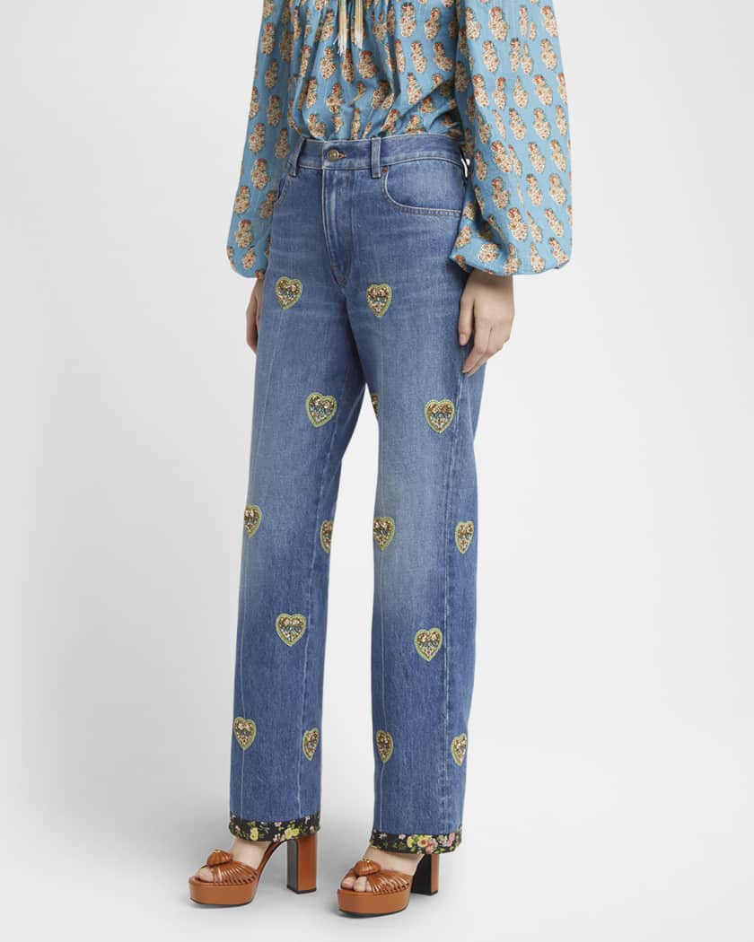 Valentino Garavani Embroidered Heart Denim Pants with Floral