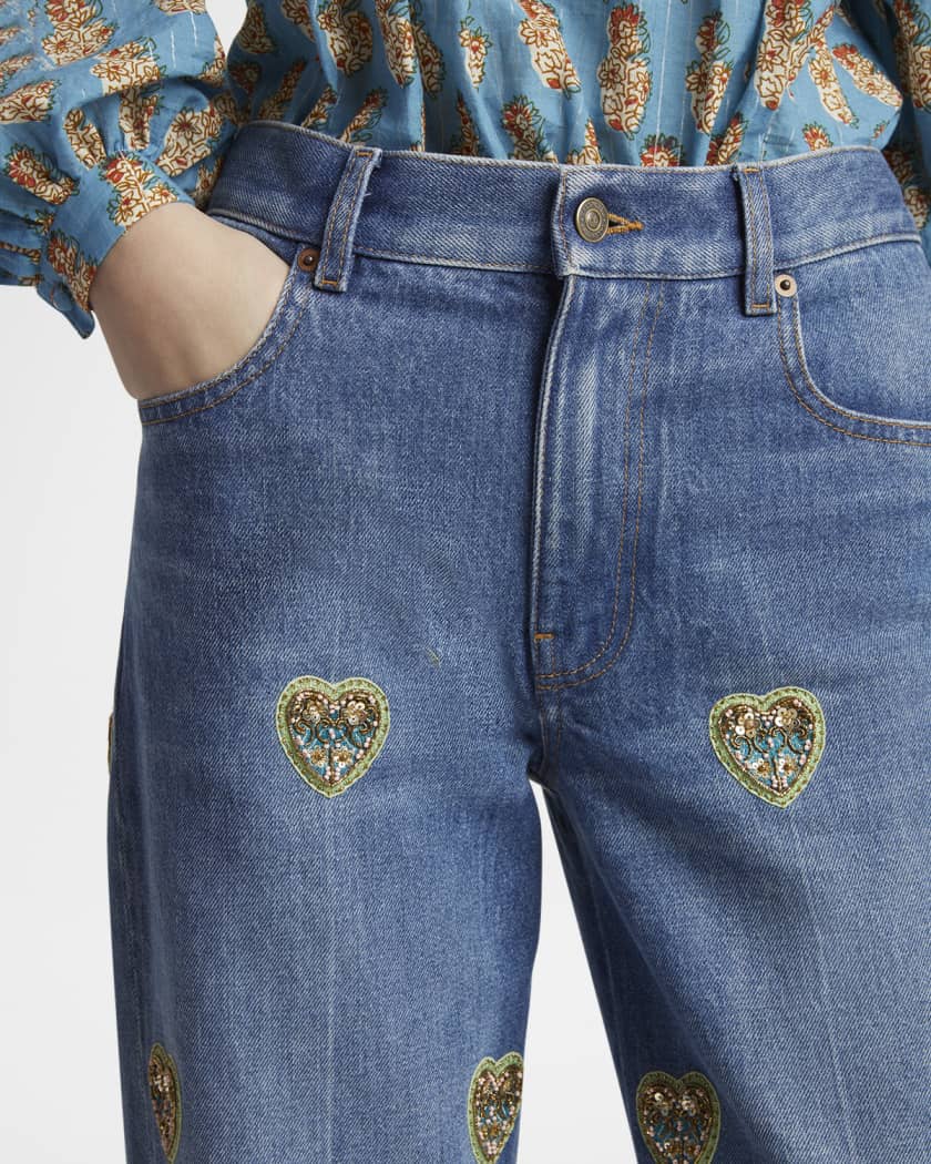 Valentino Garavani Embroidered Heart Denim Pants with Floral