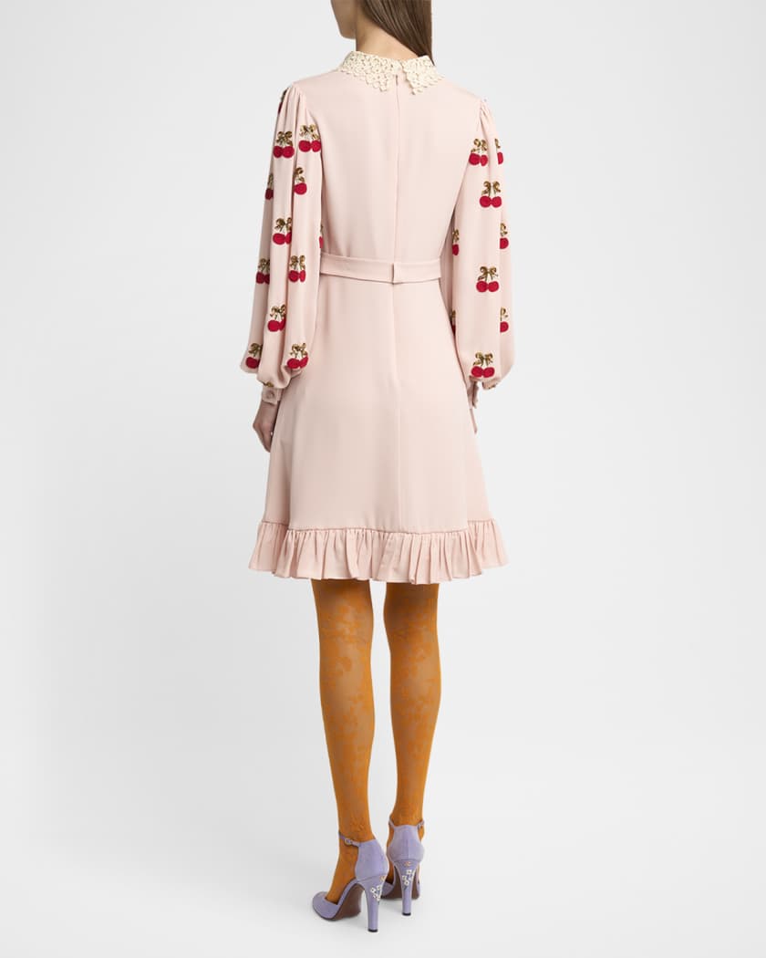 Cherry Embroidered Georgette Balloon-Sleeve Mini Dress