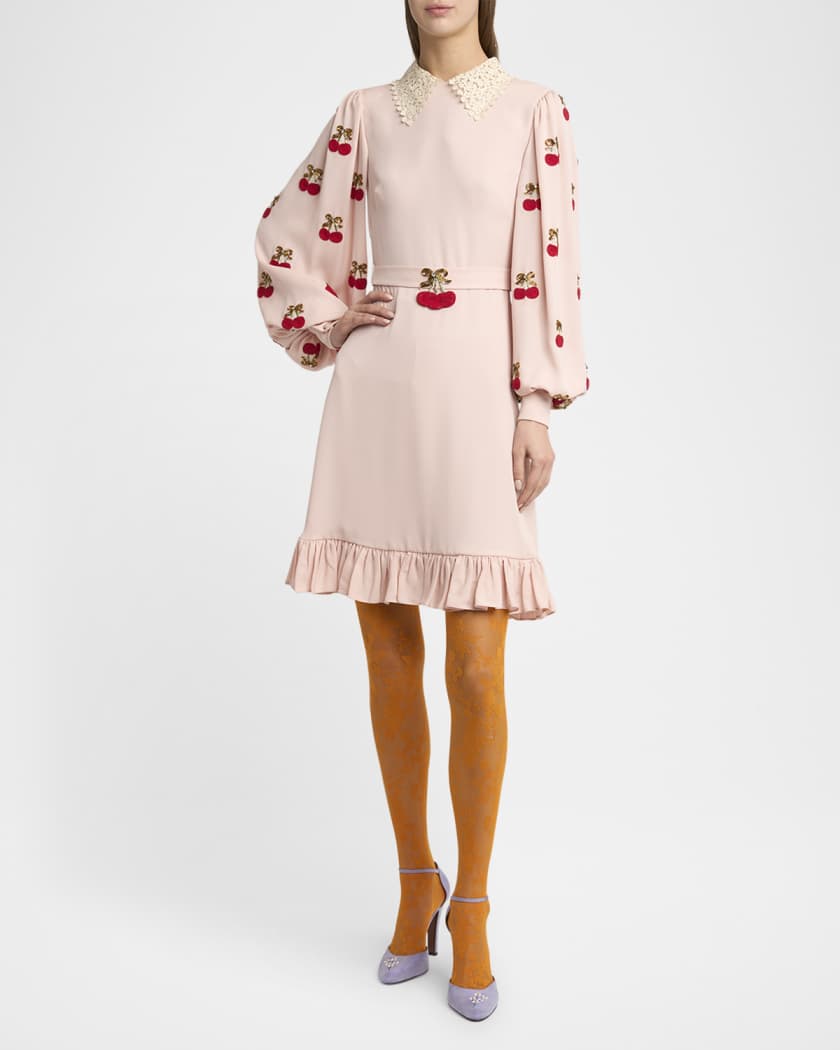 Cherry Embroidered Georgette Balloon-Sleeve Mini Dress