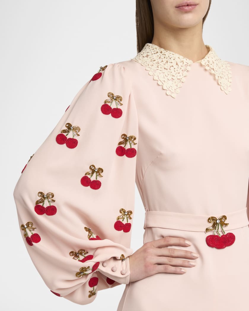 Cherry Embroidered Georgette Balloon-Sleeve Mini Dress