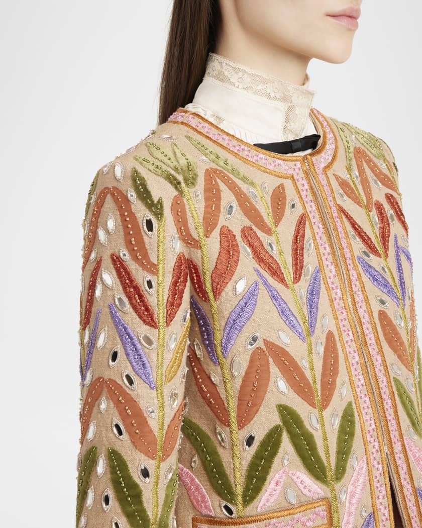 Beaded Leaf-Embroidered Linen Jacket | Neiman Marcus
