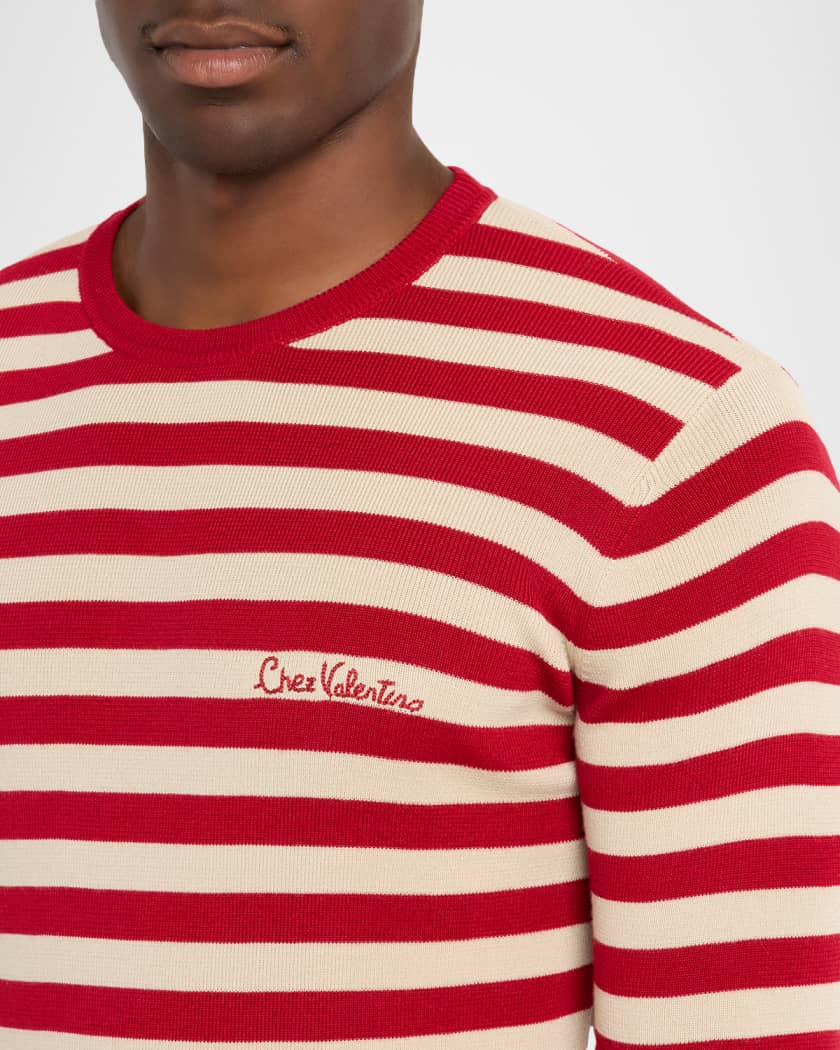 Valentino Garavani Men's Stripe Chest-Logo Crewneck Sweater