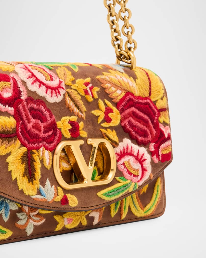 Valentino Garavani Vain Medium Floral-Embroidered Suede Shoulder