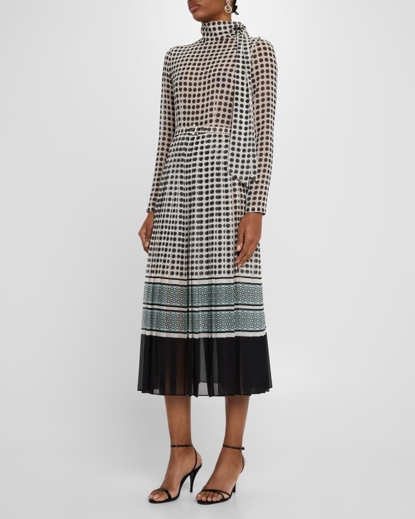Scarf-Neck Pleated Midi Day Dress With Belt