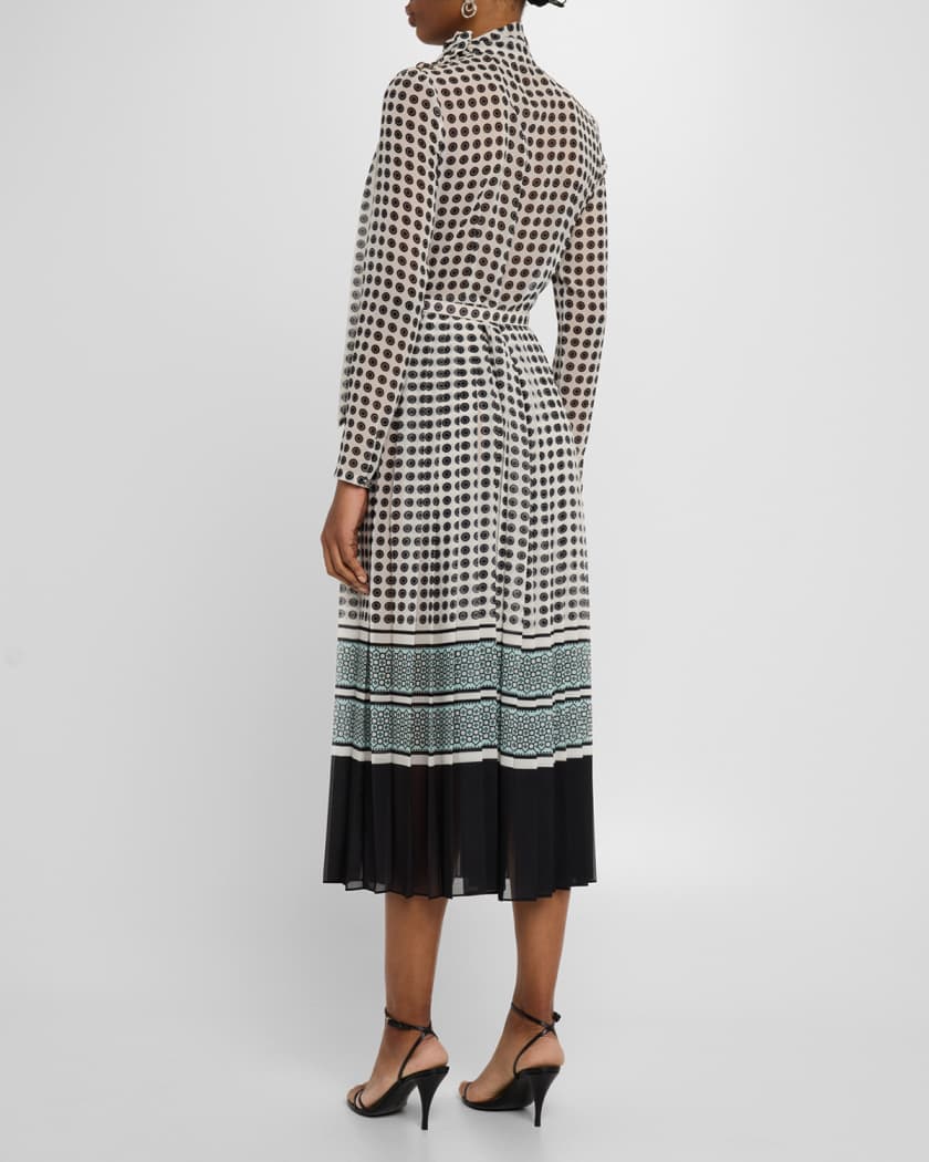 Scarf-Neck Pleated Midi Day Dress With Belt