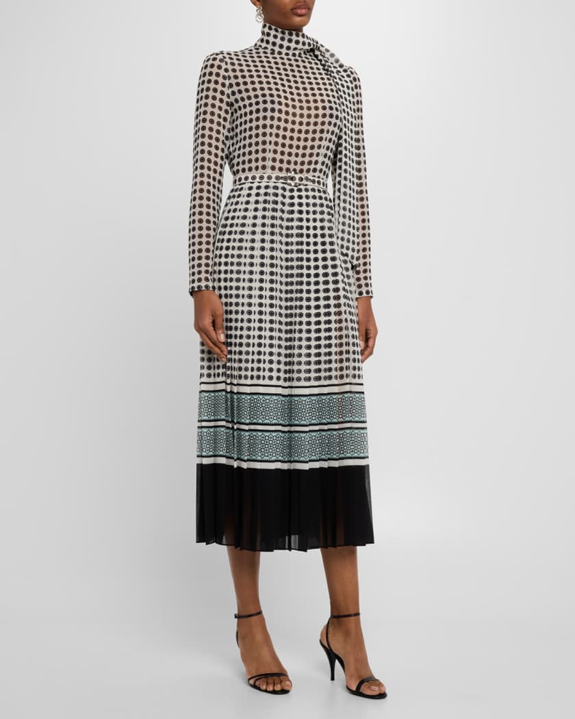 Scarf-Neck Pleated Midi Day Dress With Belt