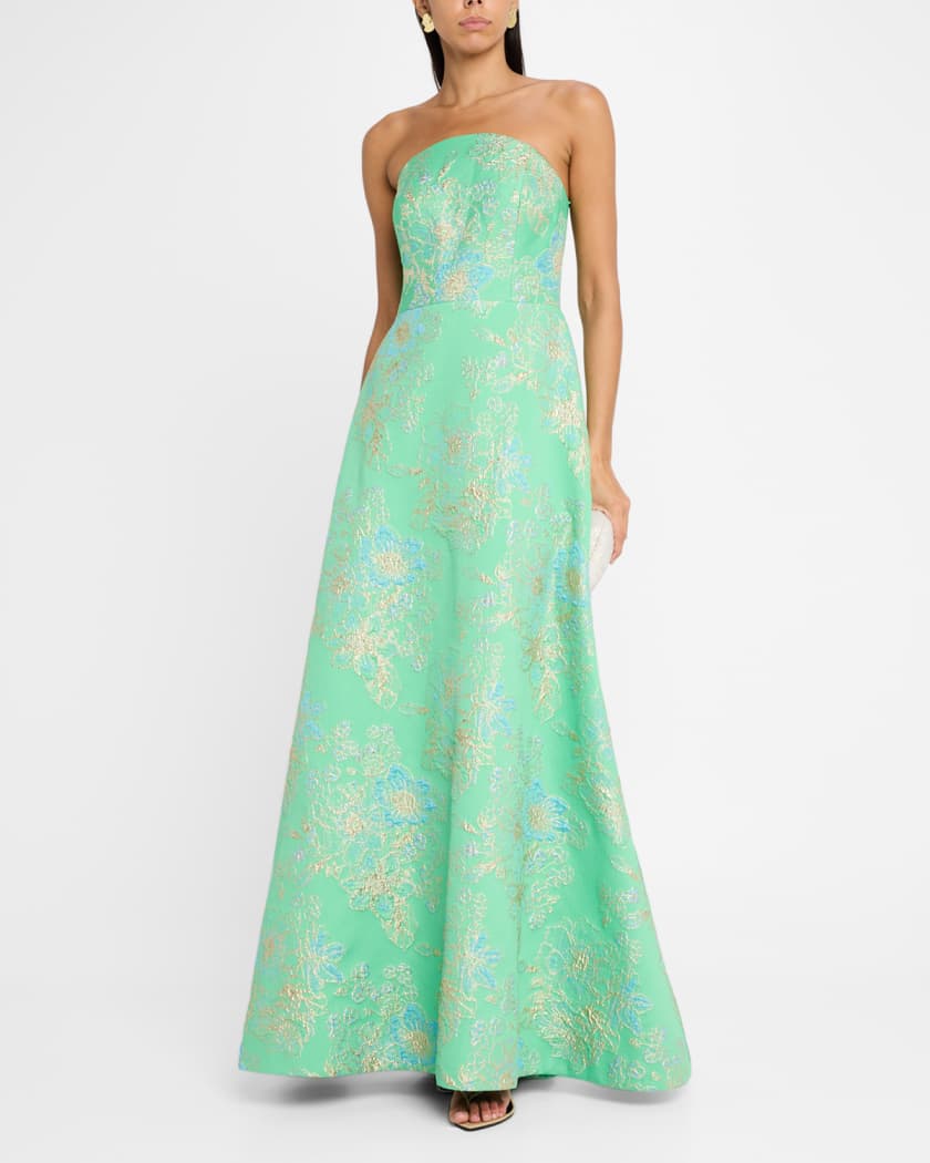 Strapless Metallic Floral Jacquard Gown