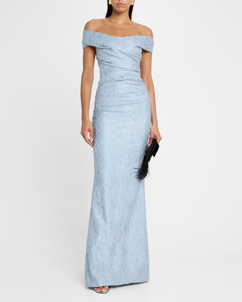 Off-Shoulder Metallic Jacquard Column Gown