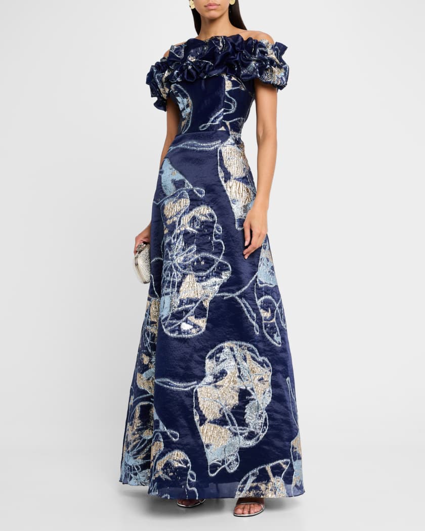 Off-Shoulder Metallic Organza Jacquard Gown