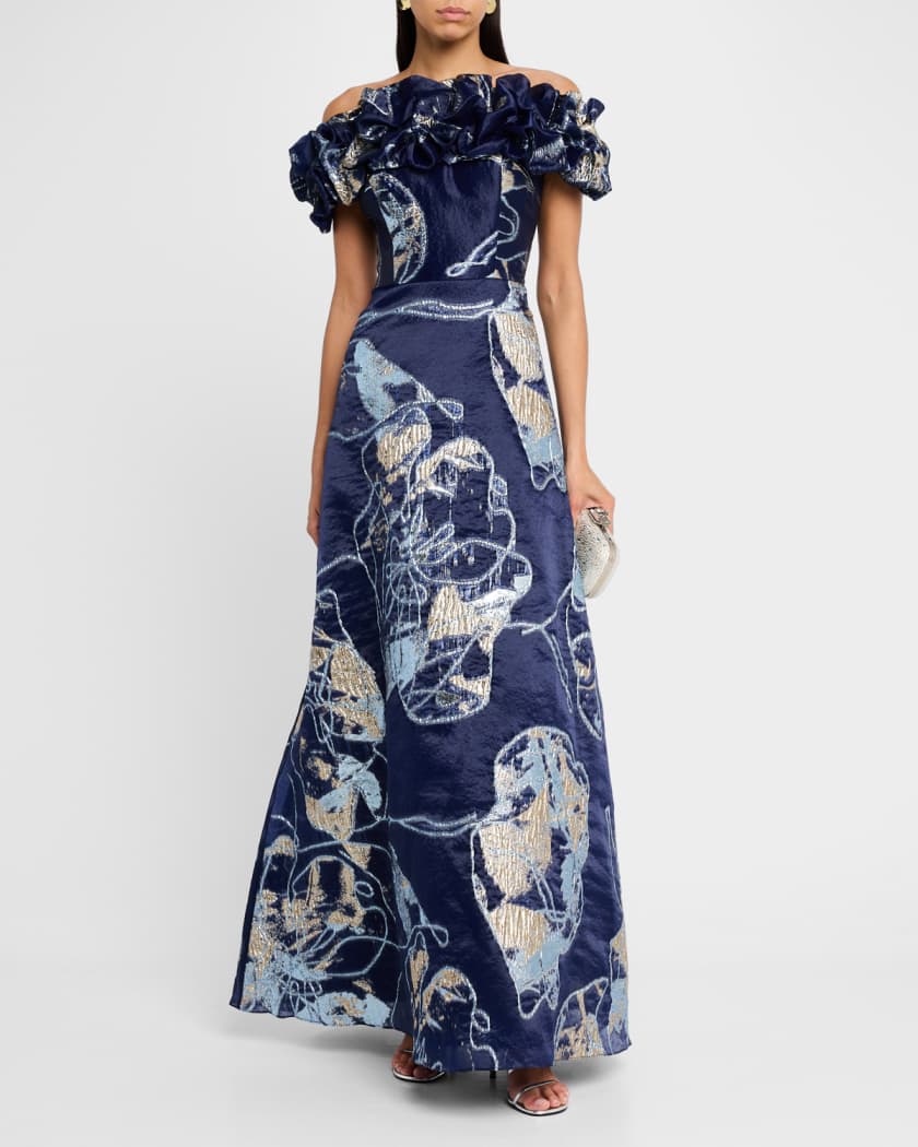 Off-Shoulder Metallic Organza Jacquard Gown