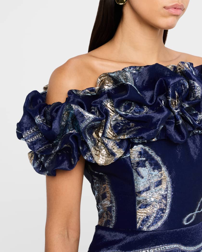 Off-Shoulder Metallic Organza Jacquard Gown
