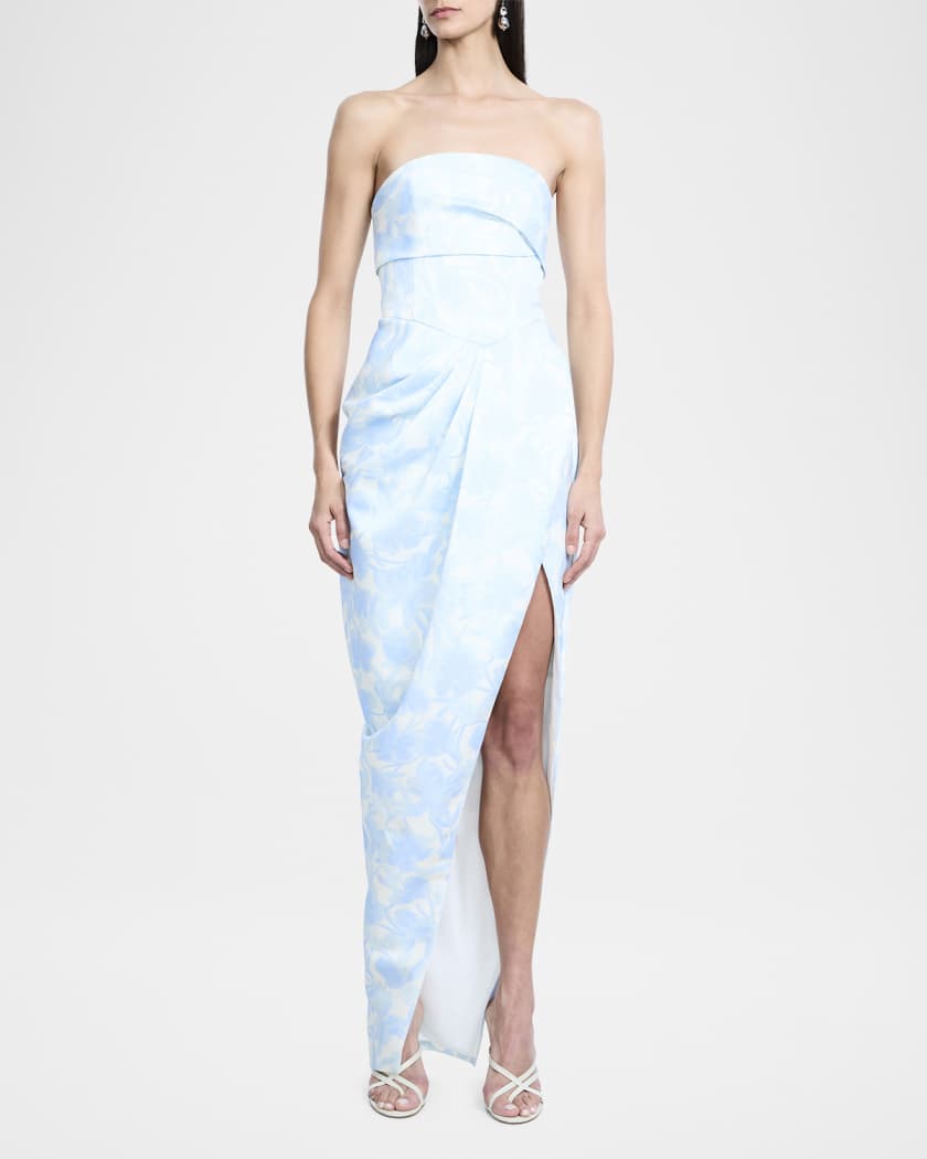 Strapless Pleated Floral-Print Gown