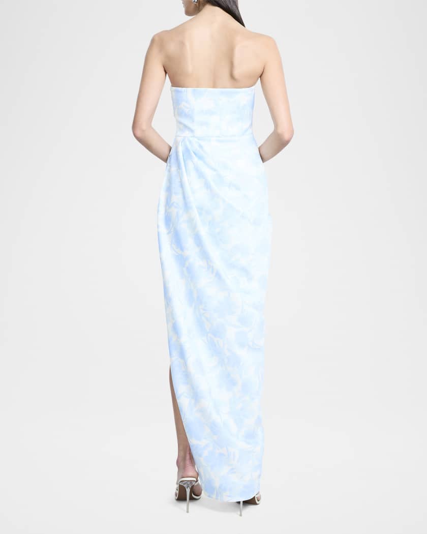 Strapless Pleated Floral-Print Gown
