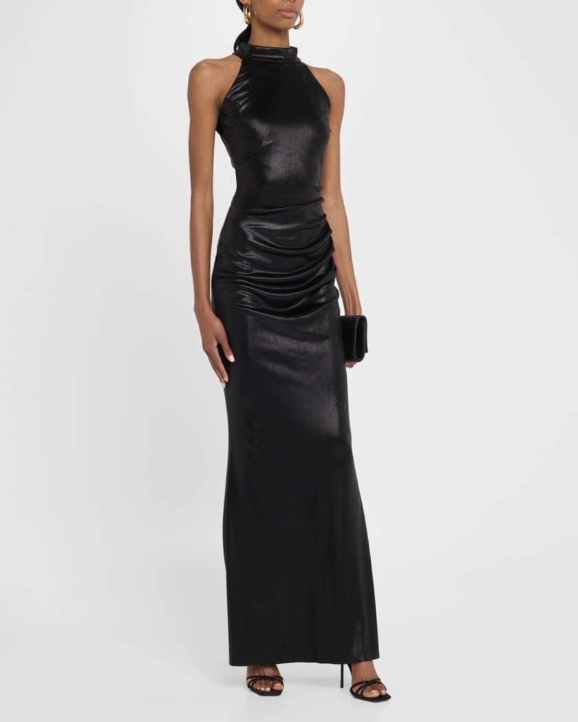 Hudrix Draped Mock-Neck Halter Column Gown