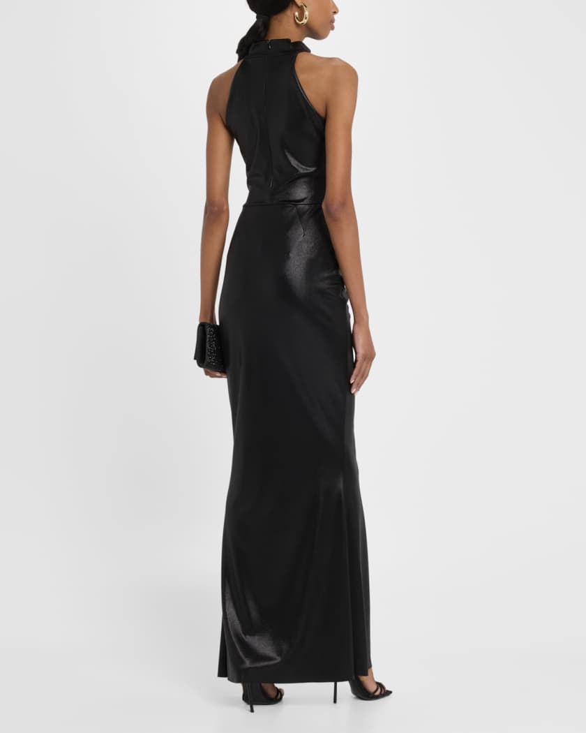 Hudrix Draped Mock-Neck Halter Column Gown