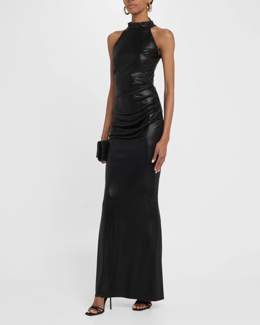 Hudrix Draped Mock-Neck Halter Column Gown