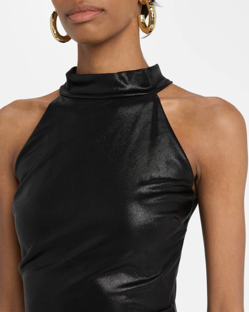 Hudrix Draped Mock-Neck Halter Column Gown