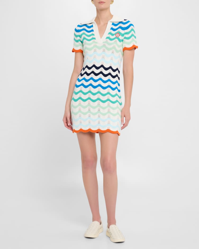Wavy Crochet Knit Mini Polo Dress