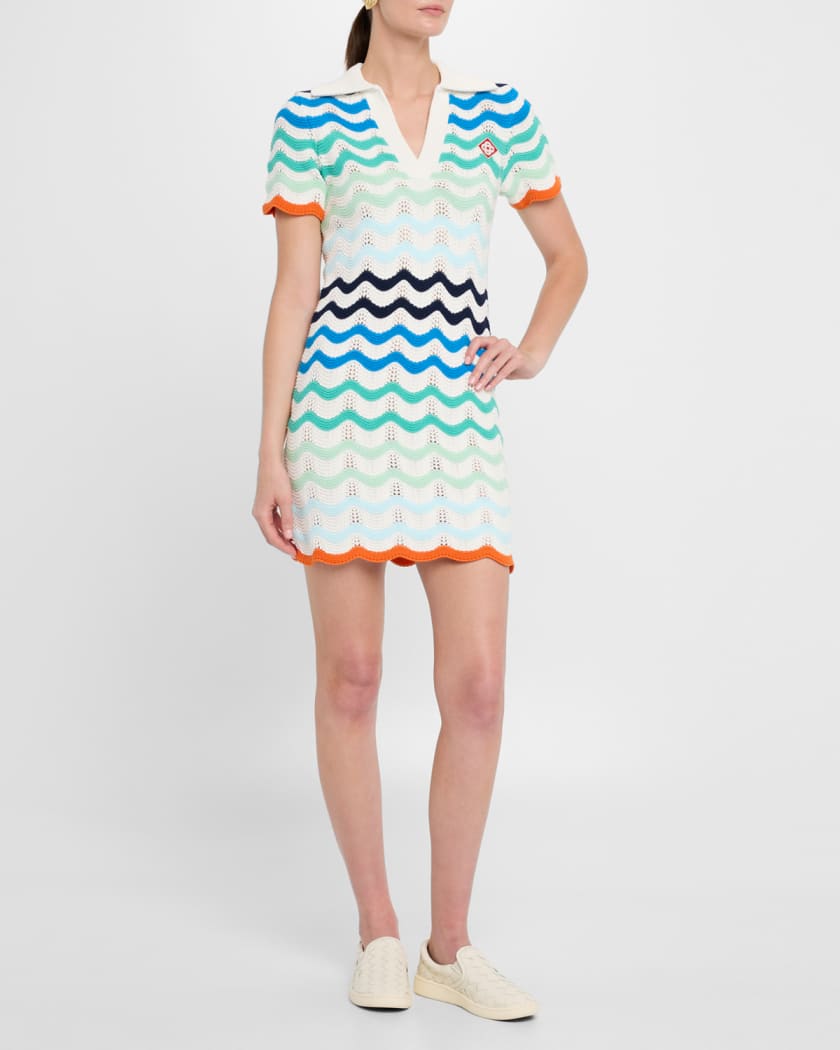Wavy Crochet Knit Mini Polo Dress