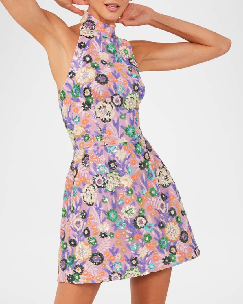 green emerald velvet dress Bitter Chocolate Brown Floral Embroidered Halterneck Mini Dress