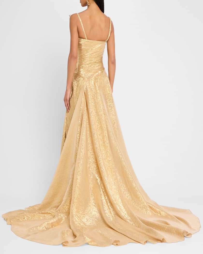 Butterfly Cowl-Neck Lame Gown With Slit