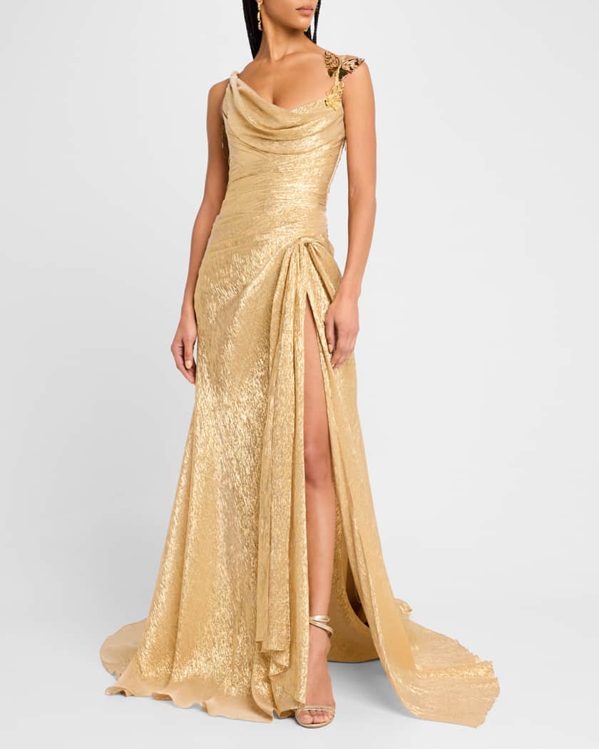 Butterfly Cowl-Neck Lame Gown With Slit