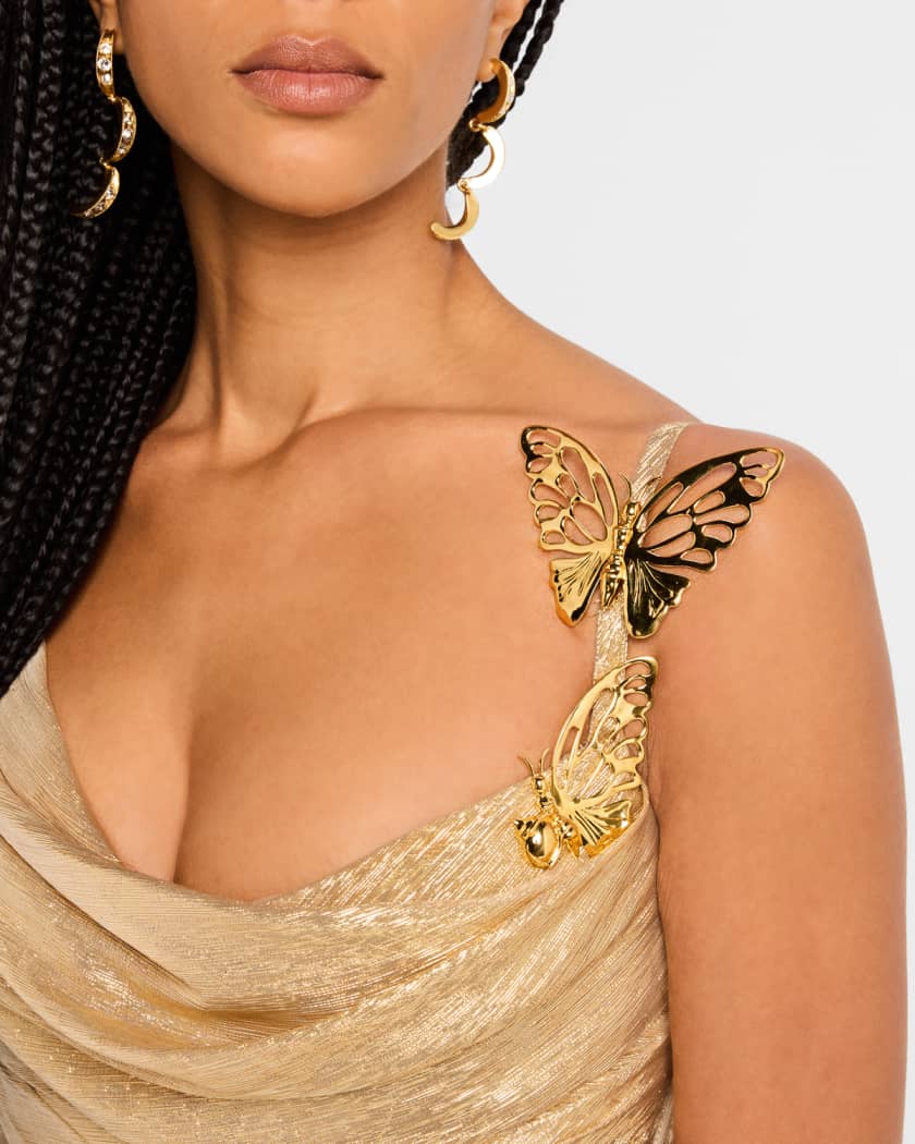 Butterfly Cowl-Neck Lame Gown With Slit