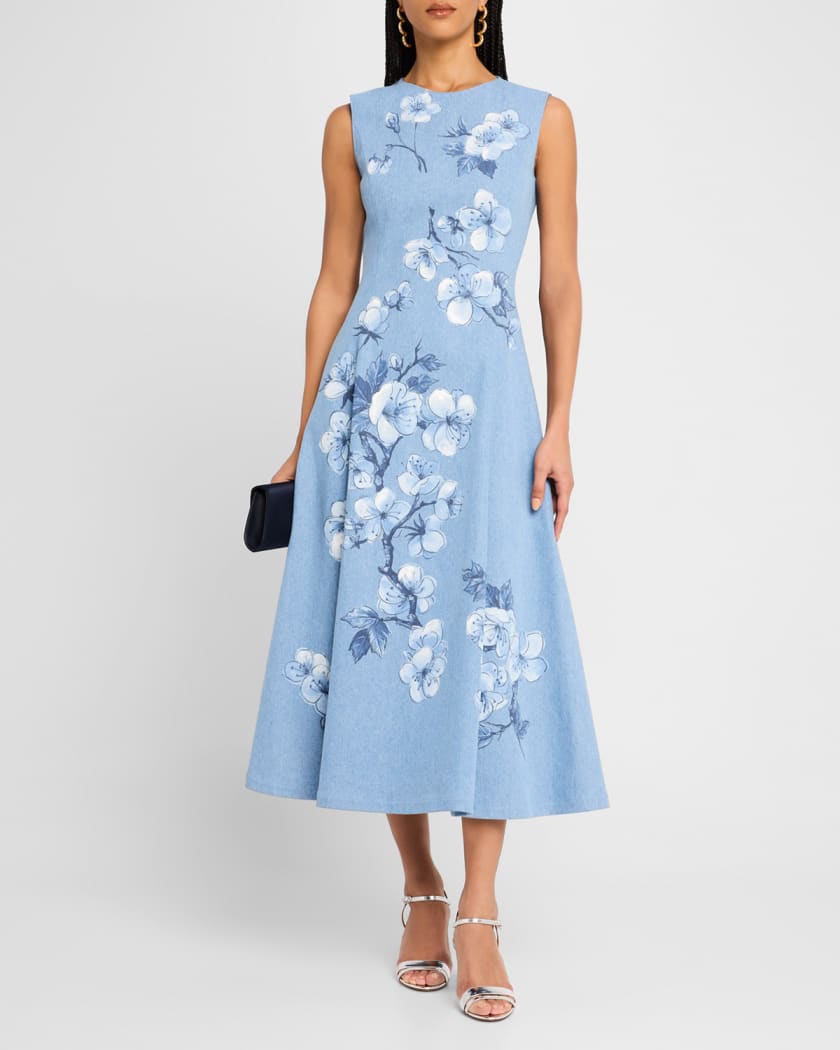 Cherry Blossom Printed Denim Sleeveless Midi Dress