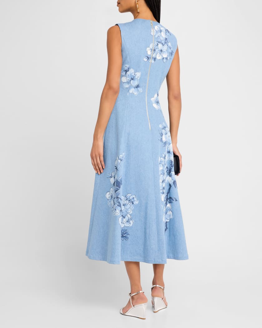 Cherry Blossom Printed Denim Sleeveless Midi Dress
