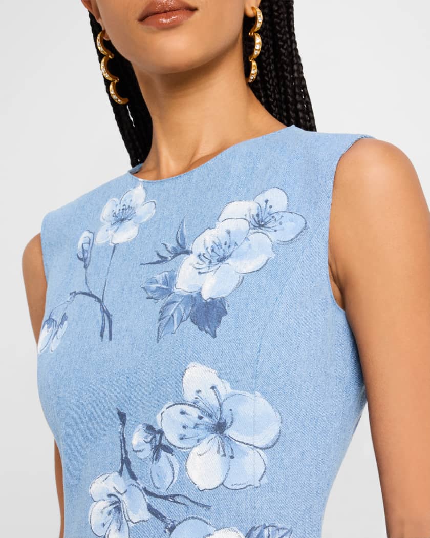 Cherry Blossom Printed Denim Sleeveless Midi Dress