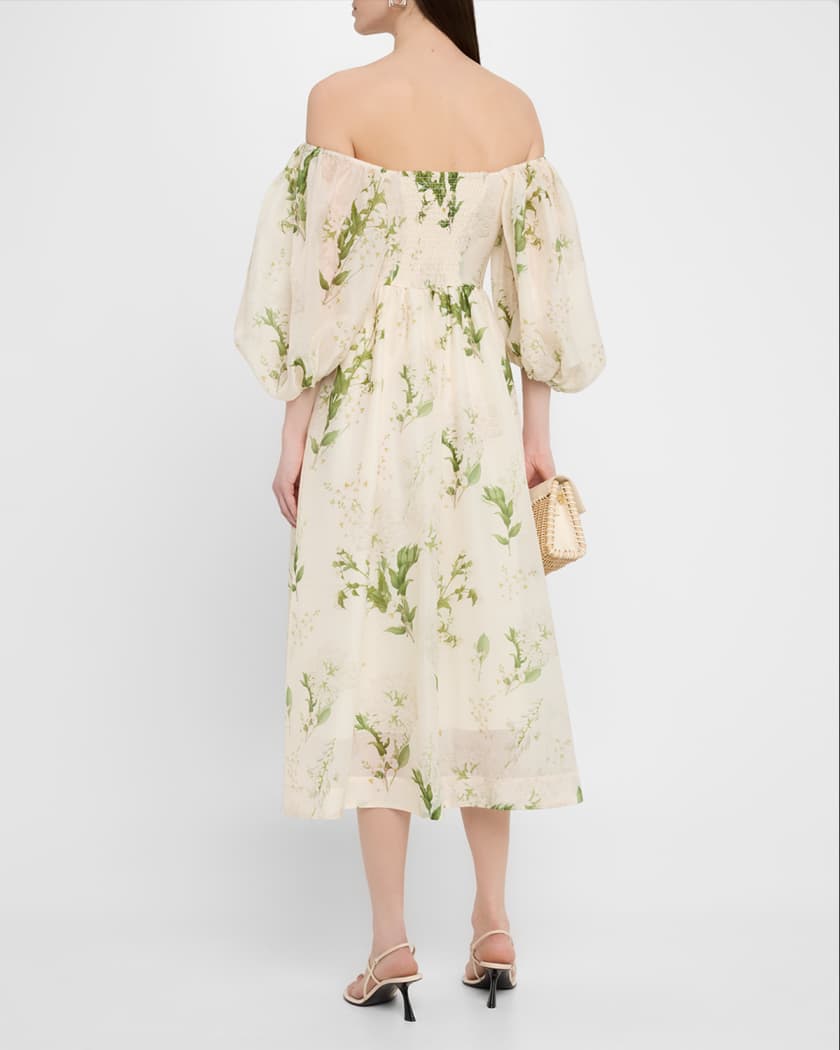 Delphine Smocked Floral-Print Midi Dress