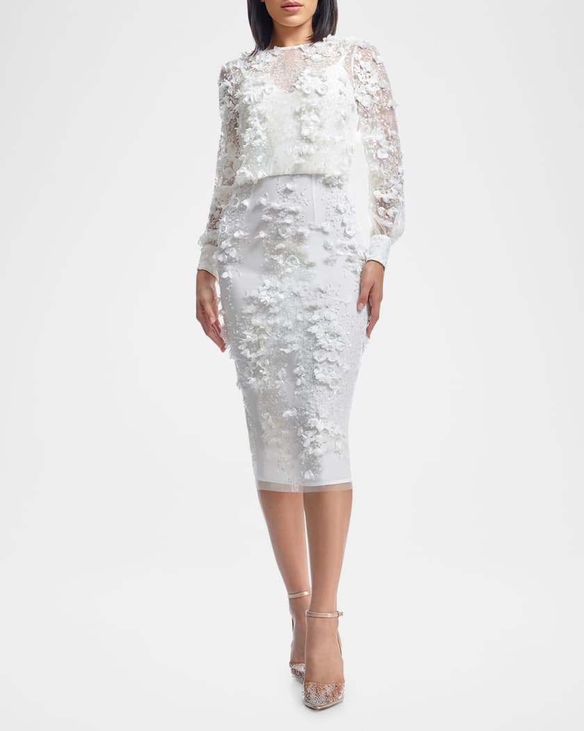 Pilar Bead & Sequin Floral Applique Midi Dress