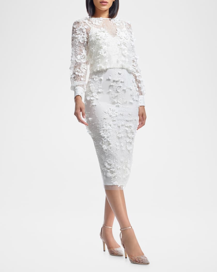 Pilar Bead & Sequin Floral Applique Midi Dress