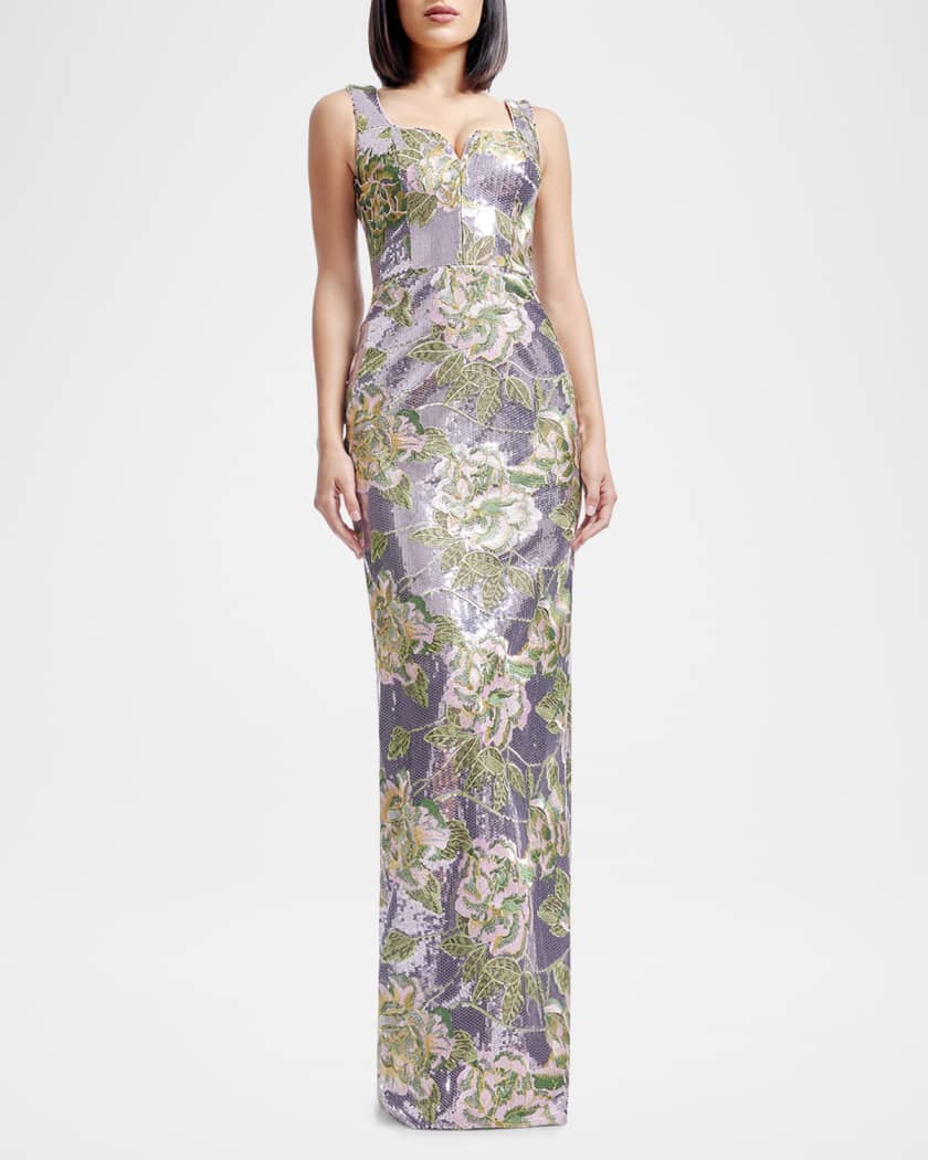 Goldie Floral-Embroidered Sequin Gown