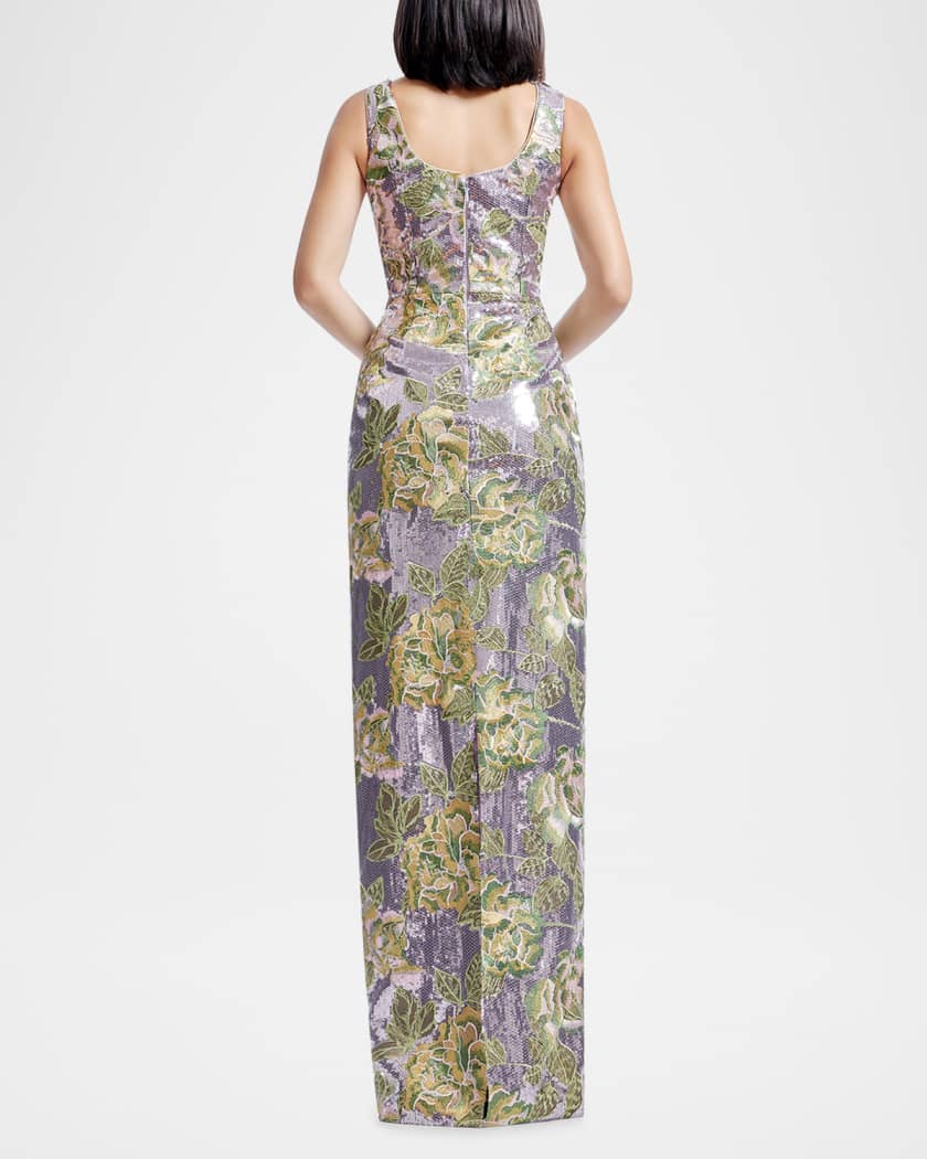 Goldie Floral-Embroidered Sequin Gown
