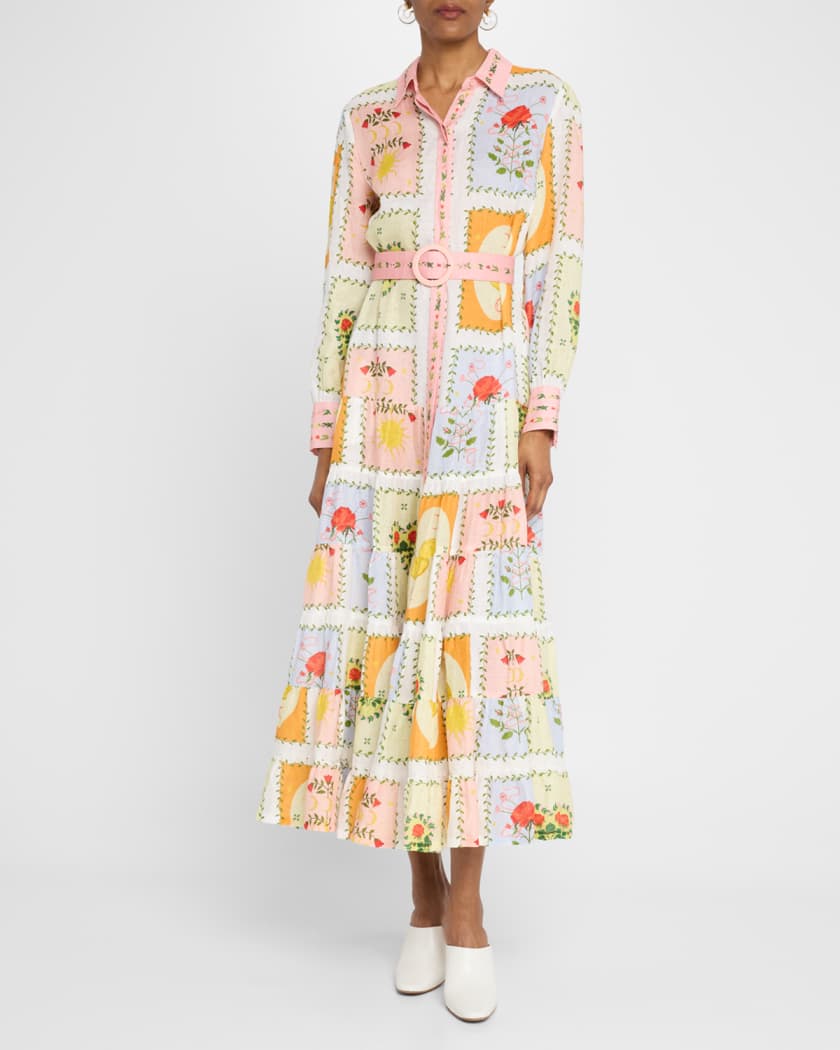 Aria Tiered Tile-Print Linen Maxi Shirtdress