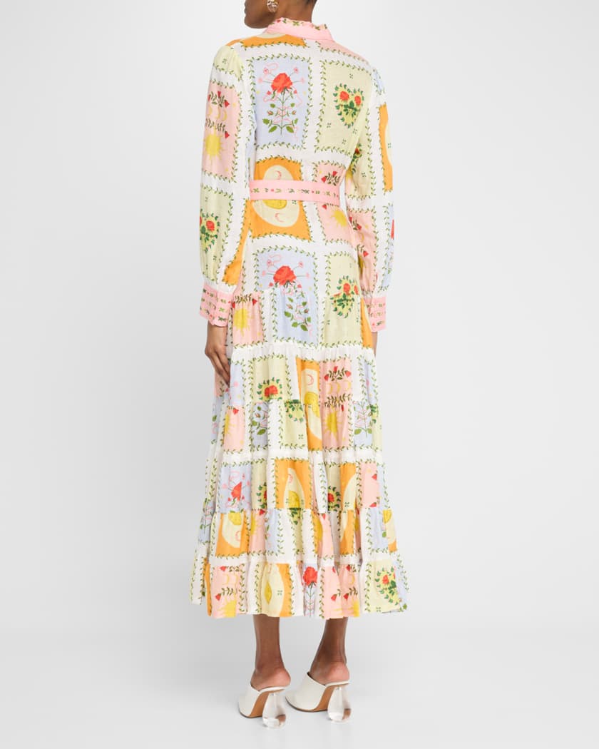 Aria Tiered Tile-Print Linen Maxi Shirtdress