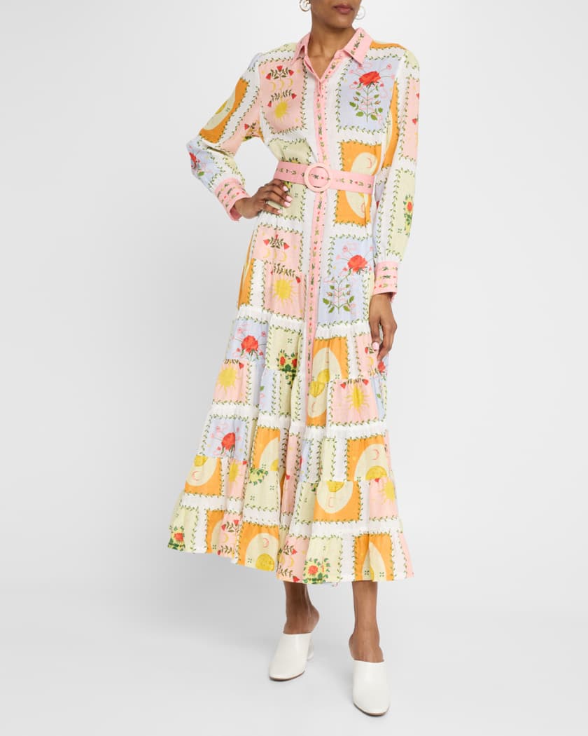 Aria Tiered Tile-Print Linen Maxi Shirtdress