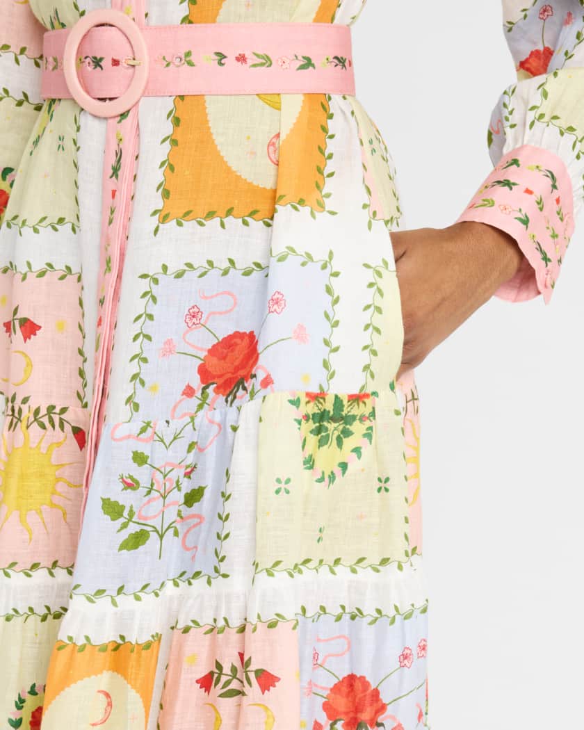Aria Tiered Tile-Print Linen Maxi Shirtdress