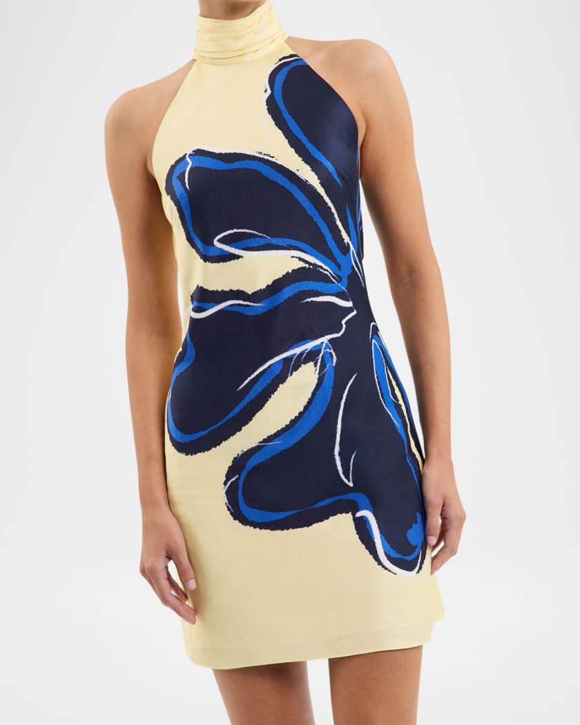 Indigo Bloom Open-Back Halter Mini Dress