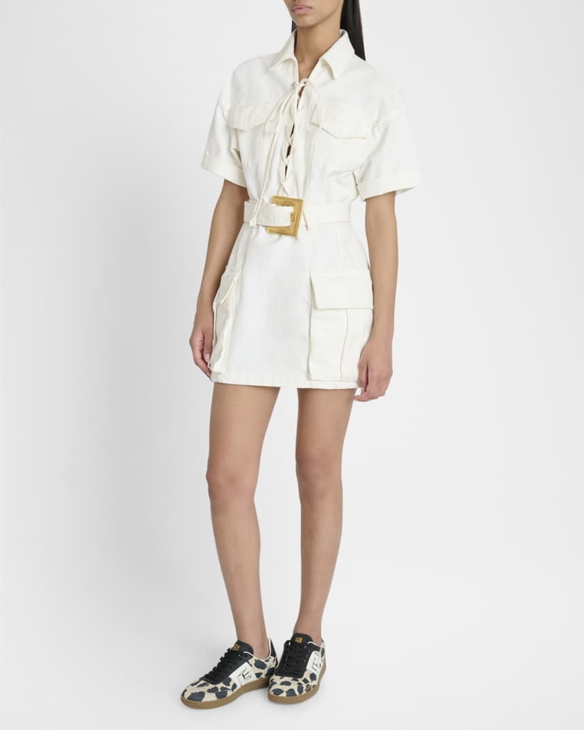 Lace-Up Canvas Denim Mini Dress with Belt 